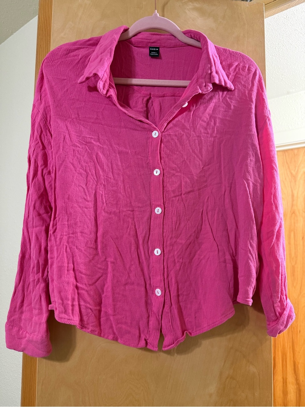 SHEIN Hot Pink Crinkled Button-Down Shirt